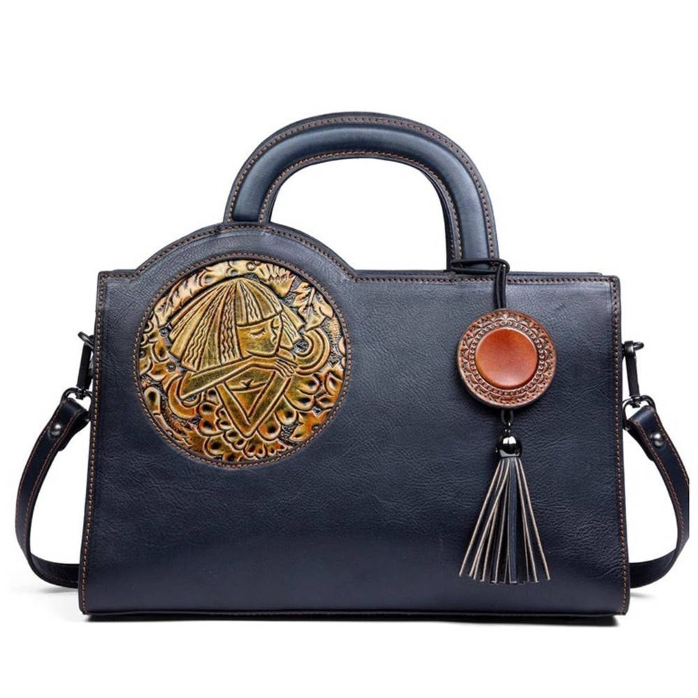 Queenoris Retro Leather Handbag Women, Vintage Girl Totem Crossbody Bag, Blue
